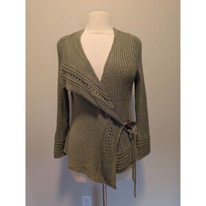 Olive Green Wrap Cardigan Sweater With Belted Tie By Goji Fashions L Lightweight